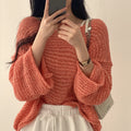 Women's Loose Knit Off-Shoulder Sweater – French Sweet Hollow Out Long Sleeve Cardigan