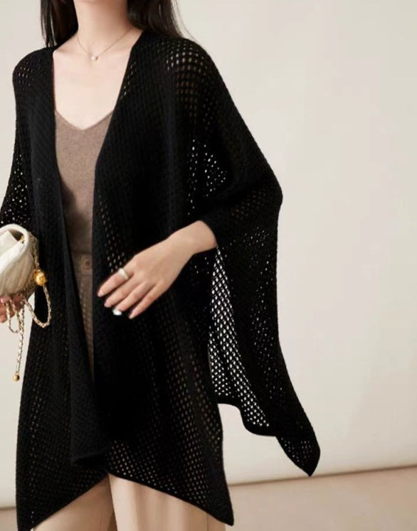 Women's Solid Color Wool Knit Cape Cardigan - Dual-Purpose Hollow Scarf & Air Conditioning Shawl