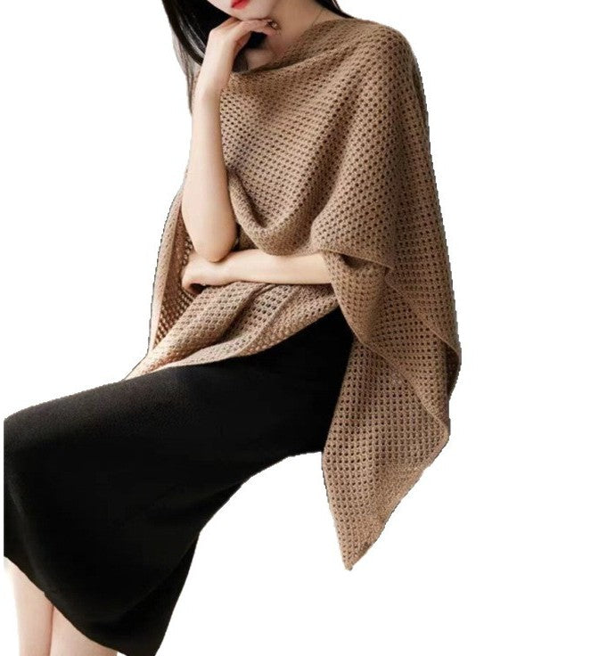 Women's Solid Color Wool Knit Cape Cardigan - Dual-Purpose Hollow Scarf & Air Conditioning Shawl