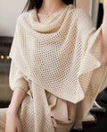 Women's Solid Color Wool Knit Cape Cardigan - Dual-Purpose Hollow Scarf & Air Conditioning Shawl