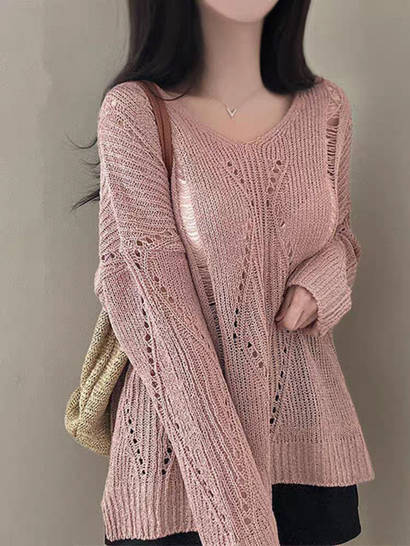 Women's Loose Knit V-Neck Cardigan - Hollow Out Long Sleeve Lightweight Sweater