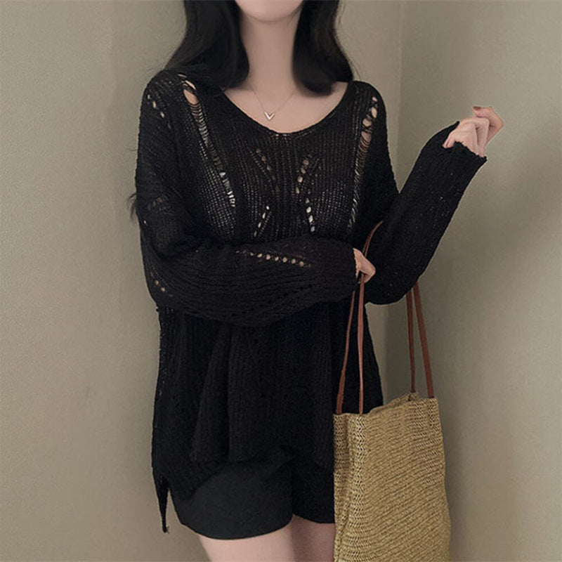 Women's Loose Knit V-Neck Cardigan - Hollow Out Long Sleeve Lightweight Sweater