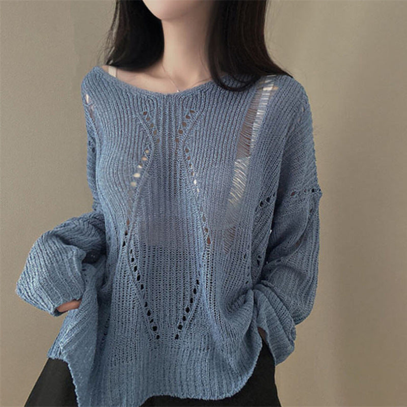 Women's Loose Knit V-Neck Cardigan - Hollow Out Long Sleeve Lightweight Sweater