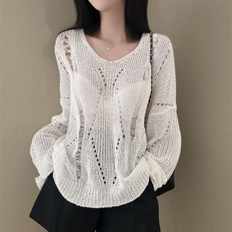 Women's Loose Knit V-Neck Cardigan - Hollow Out Long Sleeve Lightweight Sweater