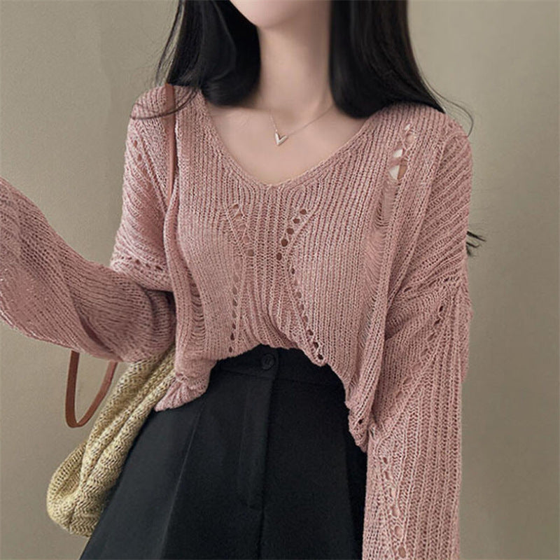Women's Loose Knit V-Neck Cardigan - Hollow Out Long Sleeve Lightweight Sweater