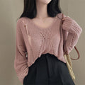 Women's Loose Knit V-Neck Cardigan - Hollow Out Long Sleeve Lightweight Sweater