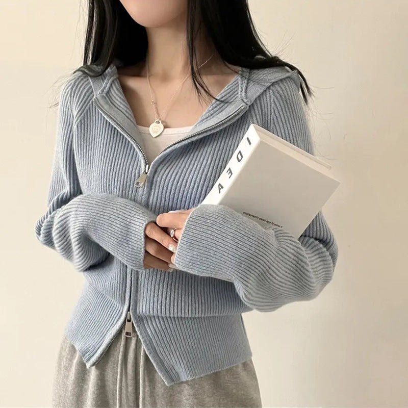 Women's Hooded Knit Cardigan - Autumn & Winter Lazy Style Oversized Sweater Jacket with Hood