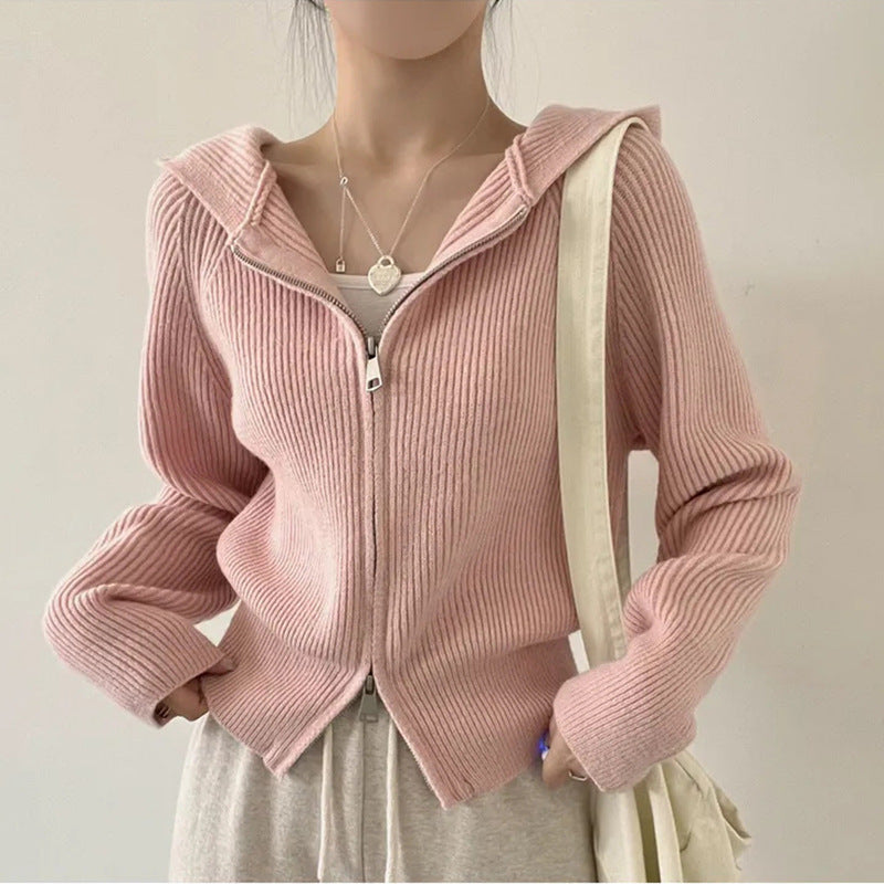 Women's Hooded Knit Cardigan - Autumn & Winter Lazy Style Oversized Sweater Jacket with Hood