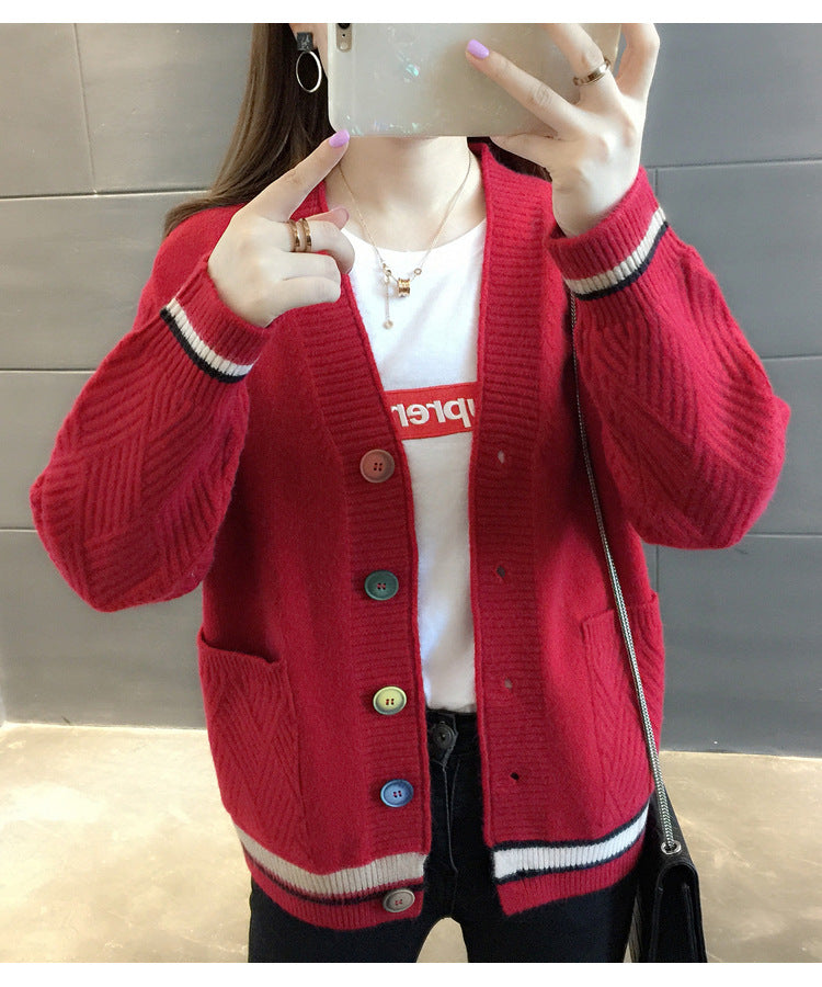 Women's Loose Long-Sleeved Knitted Cardigan - New College Style Slim Fit Jacket, Trendy All-Match Top