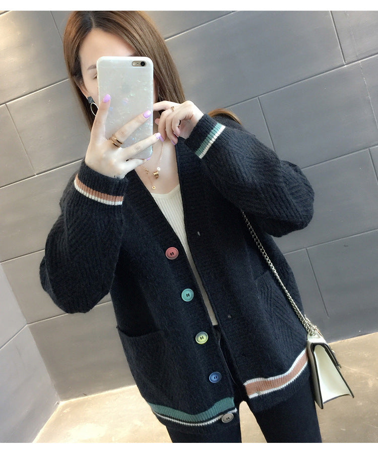 Women's Loose Long-Sleeved Knitted Cardigan - New College Style Slim Fit Jacket, Trendy All-Match Top
