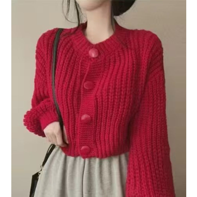 Women's Slim Fit Button Cardigan - Spring & Autumn Lazy Style Round Neck Long Sleeve Sweater