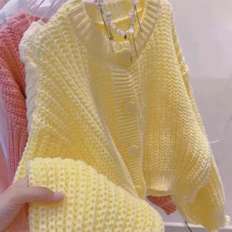 Women's Slim Fit Button Cardigan - Spring & Autumn Lazy Style Round Neck Long Sleeve Sweater