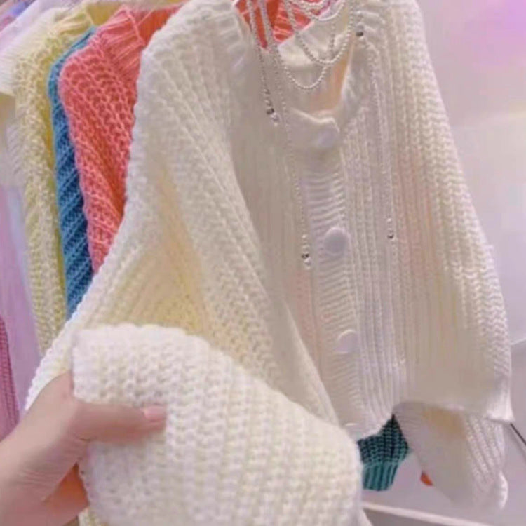 Women's Slim Fit Button Cardigan - Spring & Autumn Lazy Style Round Neck Long Sleeve Sweater