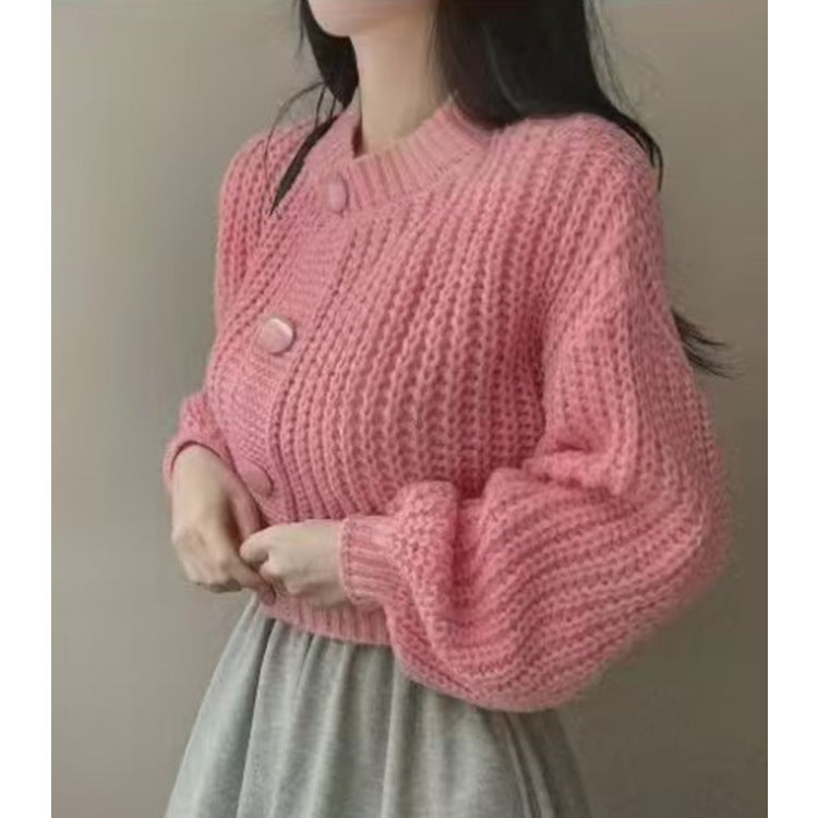 Women's Slim Fit Button Cardigan - Spring & Autumn Lazy Style Round Neck Long Sleeve Sweater