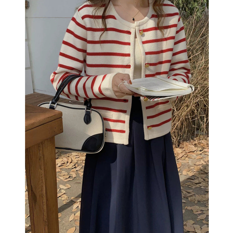 Women's Striped Loose Fit Knitted Cardigan - Short Lazy Style Sweater Jacket Top