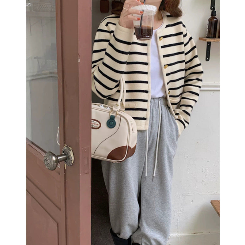 Women's Striped Loose Fit Knitted Cardigan - Short Lazy Style Sweater Jacket Top