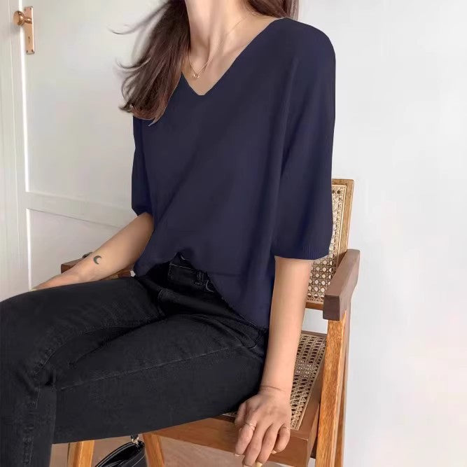 Women's Loose-Fitting V-Neck Summer Sweater - Lightweight Knit Top with Five-Point Sleeves