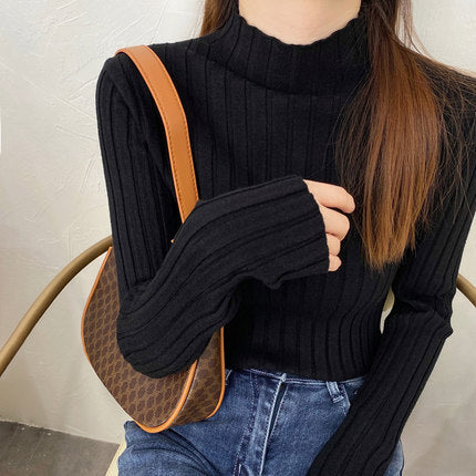 Women's White Knitted Half Turtleneck Top