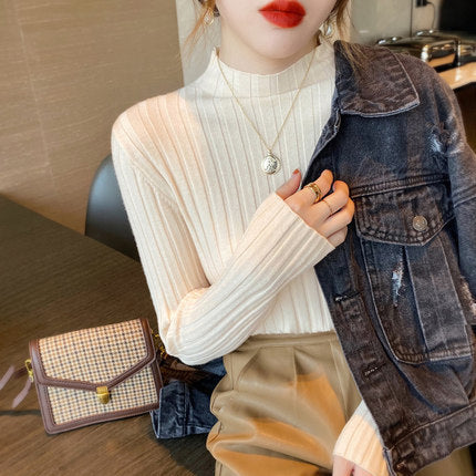 Women's White Knitted Half Turtleneck Top