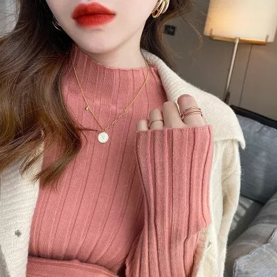 Women's White Knitted Half Turtleneck Top