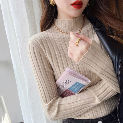 Women's White Knitted Half Turtleneck Top