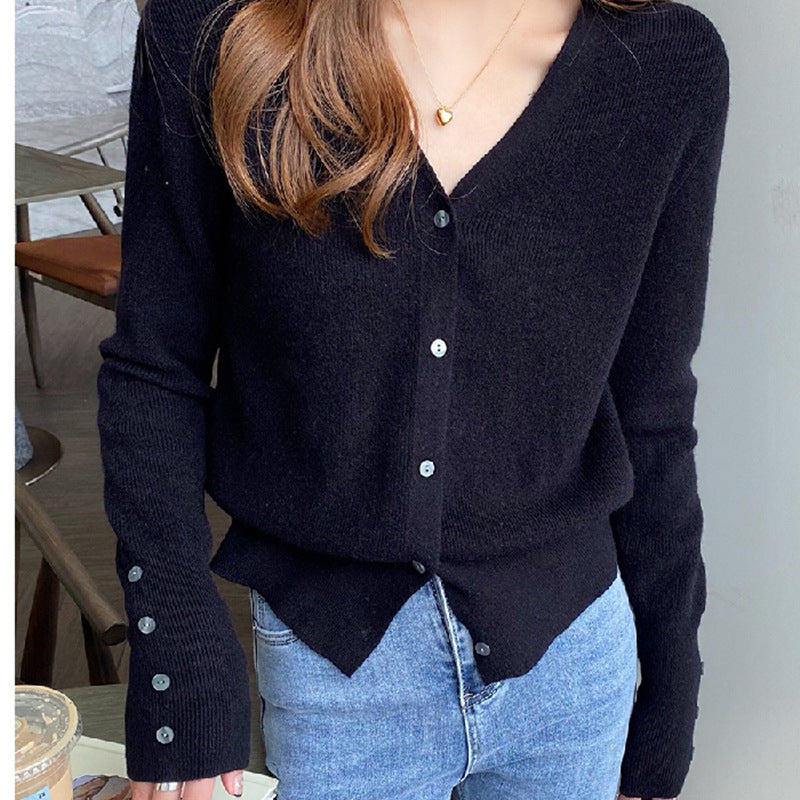 Autumn Women's V-Neck Knitted Cardigan Jacket - Cozy Button-Down Sweater with Pockets