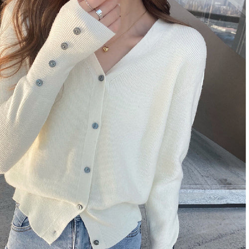 Autumn Women's V-Neck Knitted Cardigan Jacket - Cozy Button-Down Sweater with Pockets