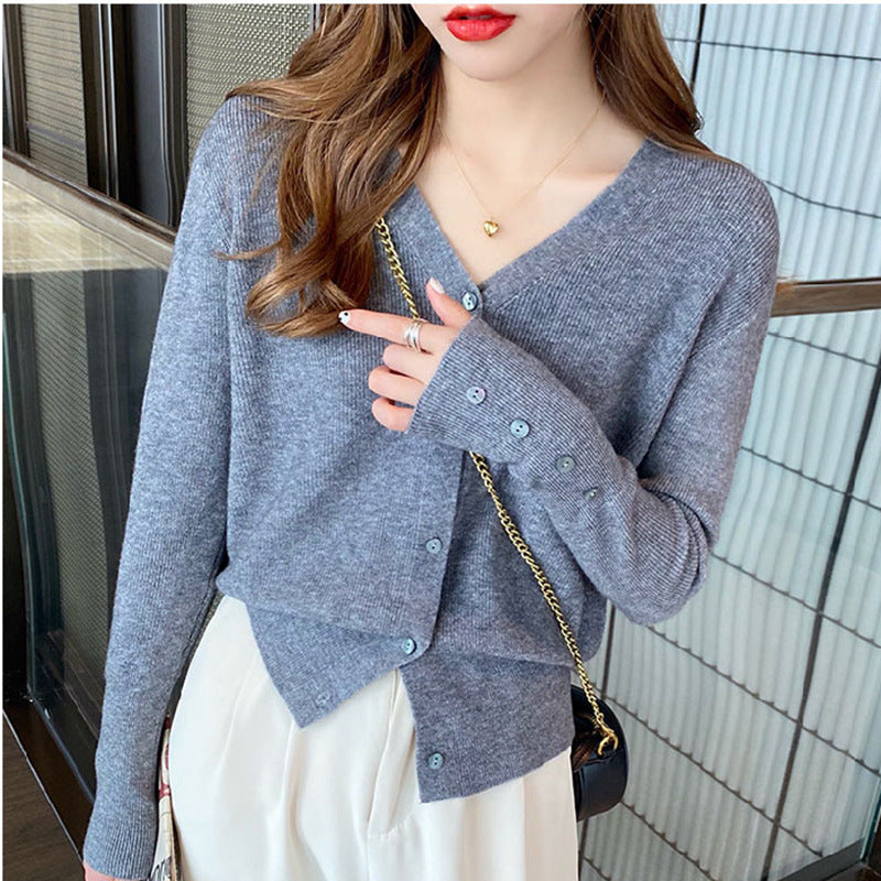 Autumn Women's V-Neck Knitted Cardigan Jacket - Cozy Button-Down Sweater with Pockets