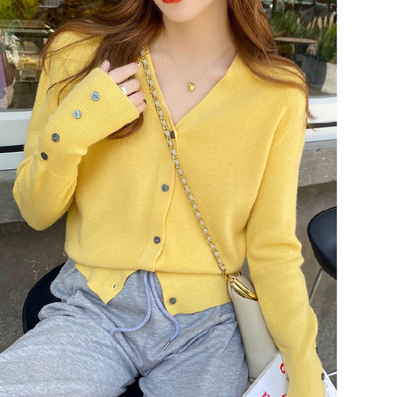 Autumn Women's V-Neck Knitted Cardigan Jacket - Cozy Button-Down Sweater with Pockets