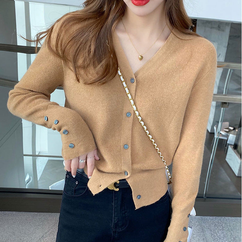 Autumn Women's V-Neck Knitted Cardigan Jacket - Cozy Button-Down Sweater with Pockets