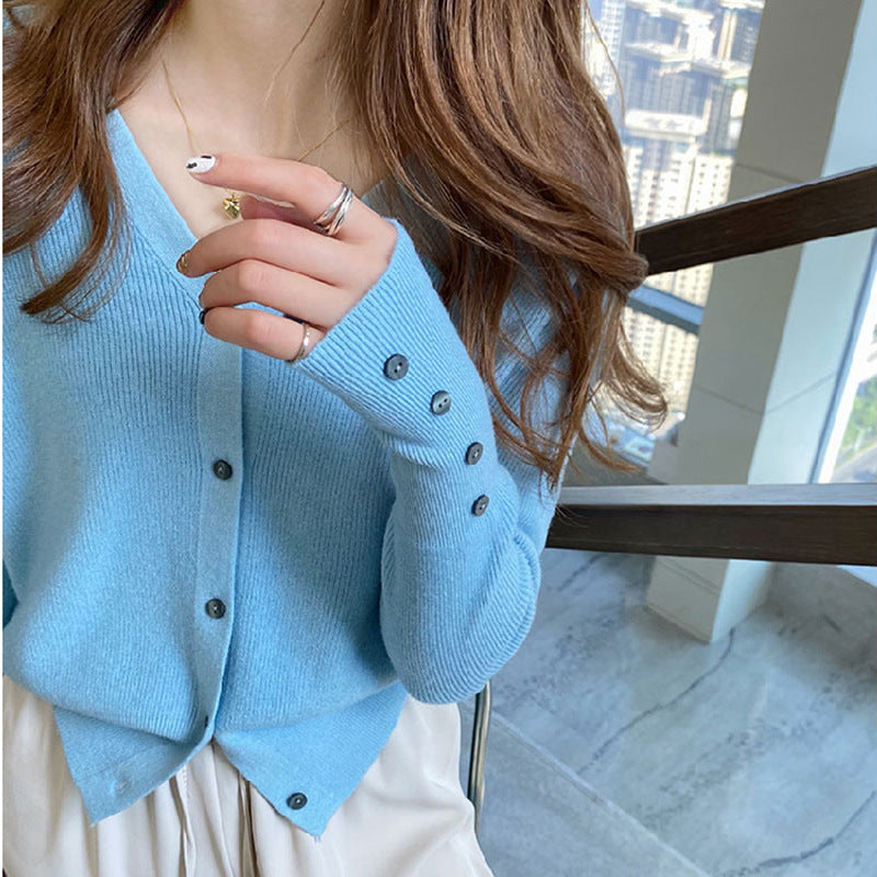 Autumn Women's V-Neck Knitted Cardigan Jacket - Cozy Button-Down Sweater with Pockets