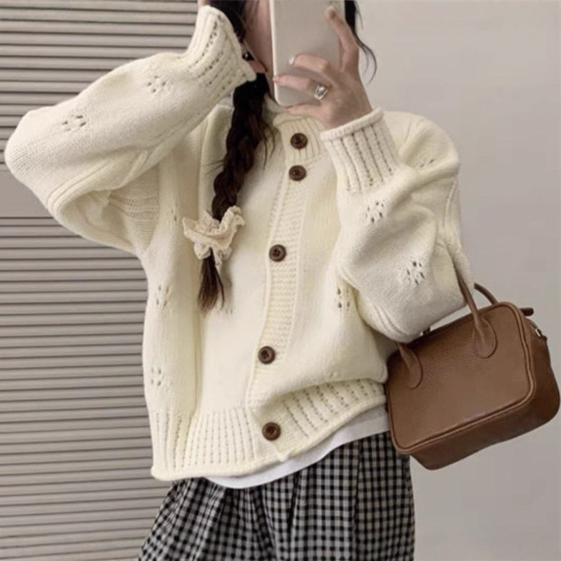 Women's Loose Fit Short Sweater Jacket - Curled Stand Collar Design