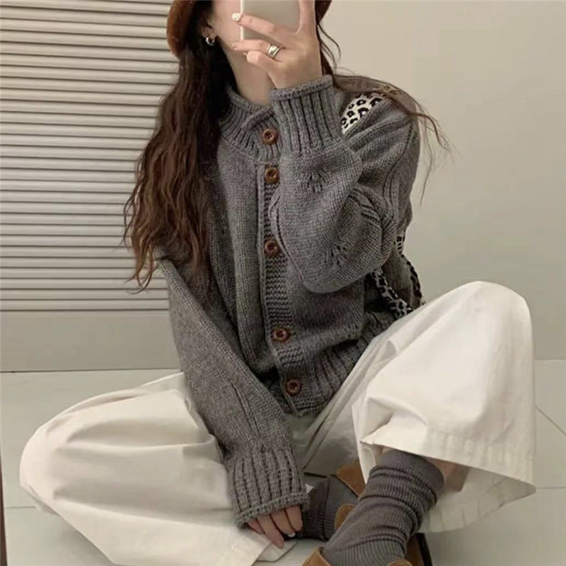 Women's Loose Fit Short Sweater Jacket - Curled Stand Collar Design
