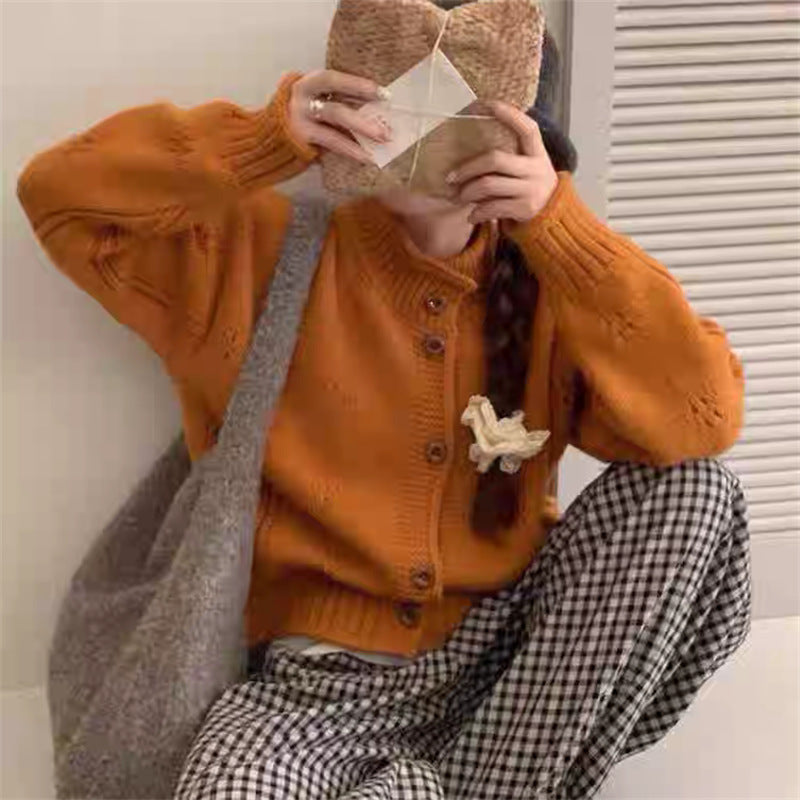 Women's Loose Fit Short Sweater Jacket - Curled Stand Collar Design