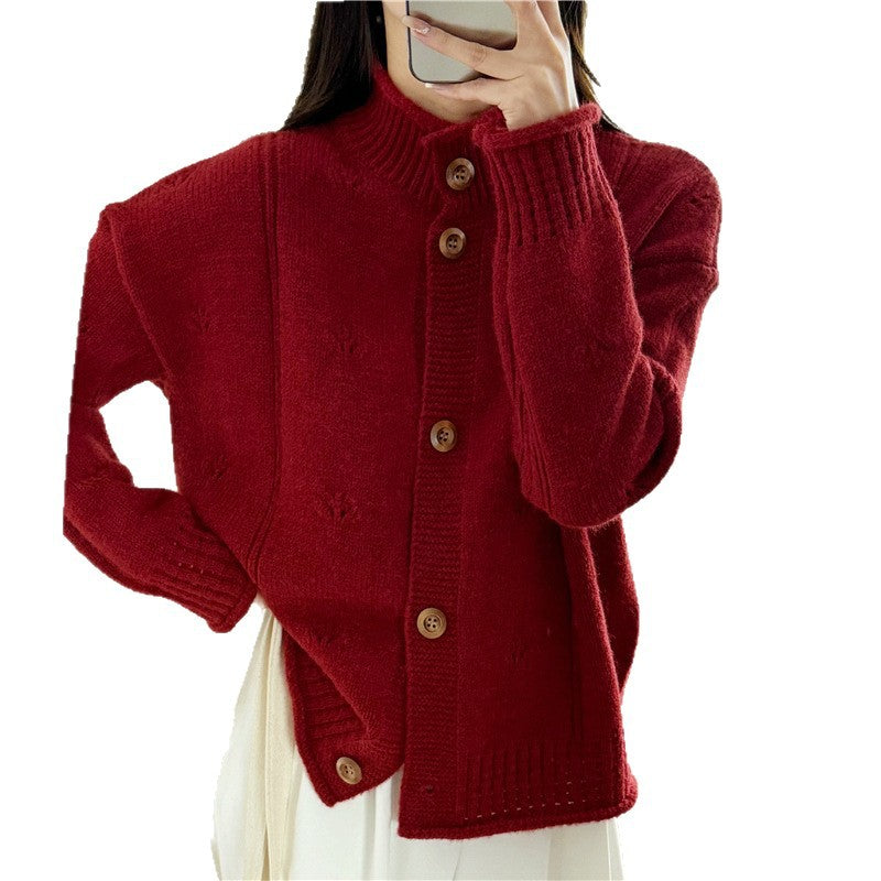 Women's Loose Fit Short Sweater Jacket - Curled Stand Collar Design