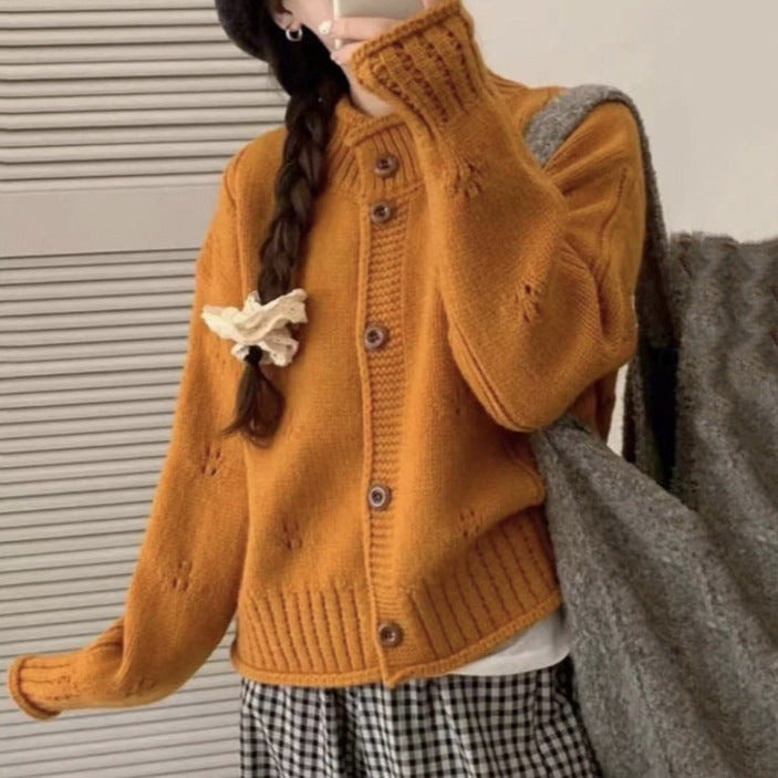 Women's Loose Fit Short Sweater Jacket - Curled Stand Collar Design