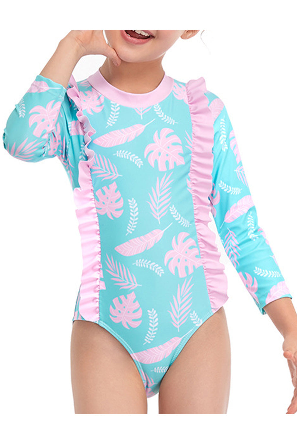 Kids Girls Ruffle Decoration Quarter Sleeve One Piece Swimwear