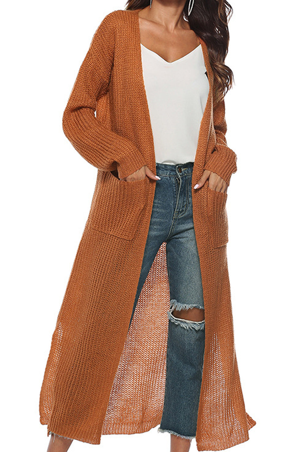 Women Long Length Solid Pattern Cozy Knitted Cardigan