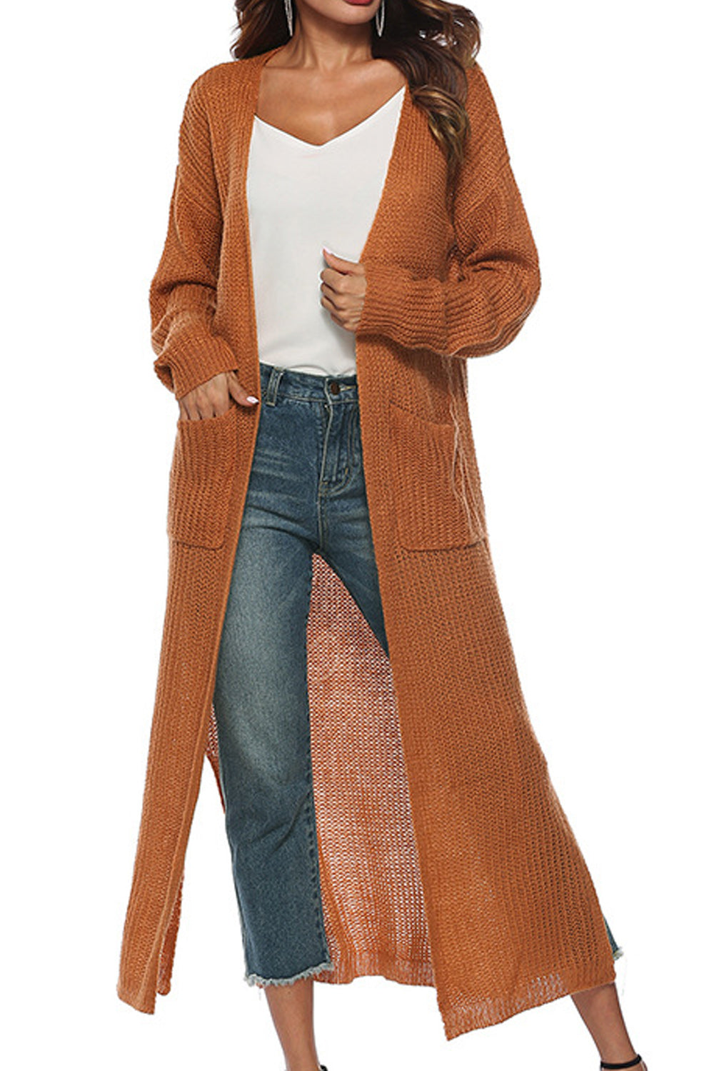 Women Long Length Solid Pattern Cozy Knitted Cardigan