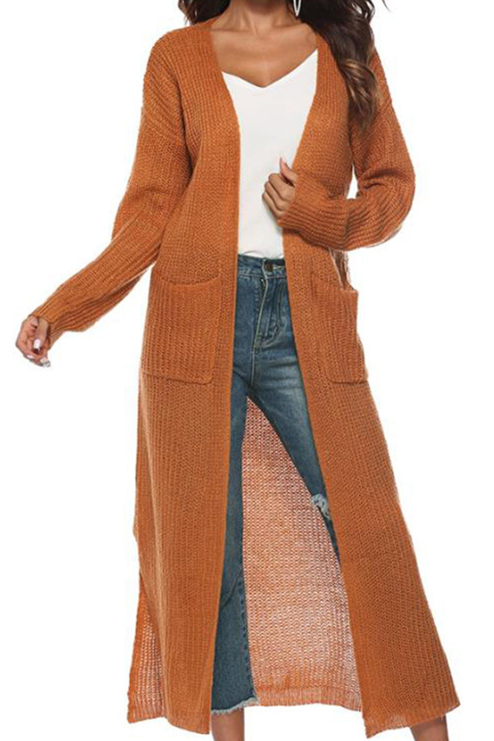 Women Long Length Solid Pattern Cozy Knitted Cardigan