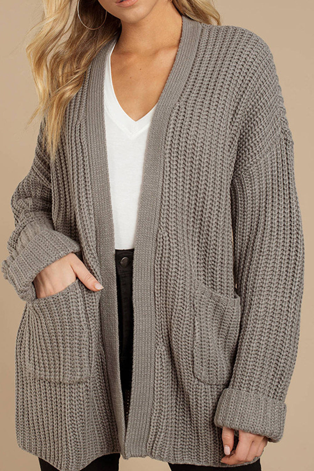 Women Pocket Styled Warm Solid Pattern Windproof Cardigan