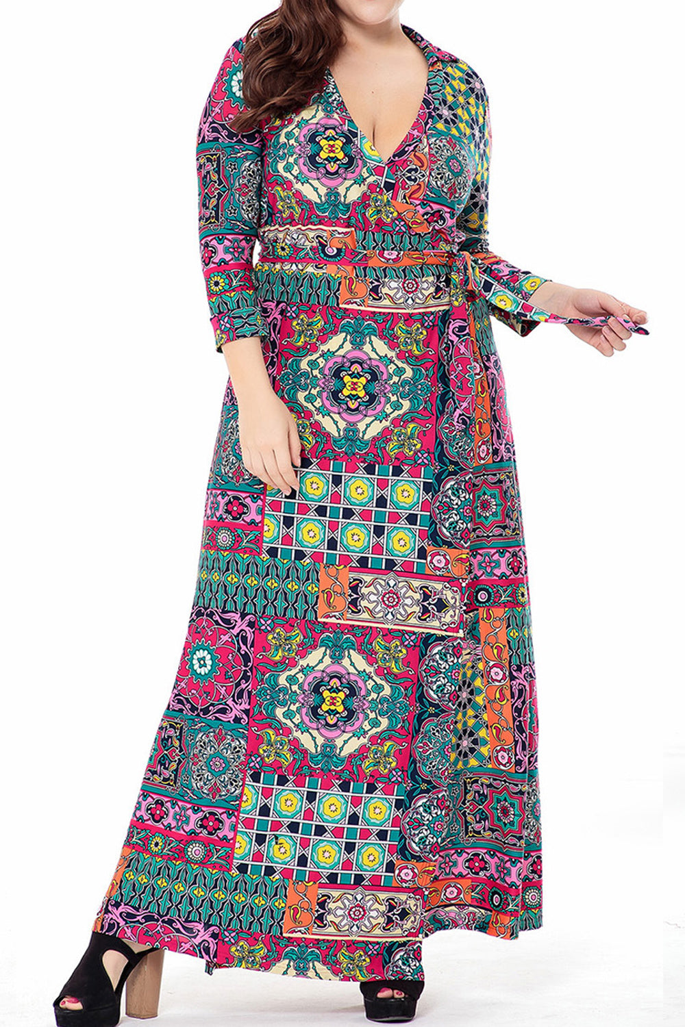Women Plus Long Length Fashion Printed V-Neck Long Sleeve Splendid Dress