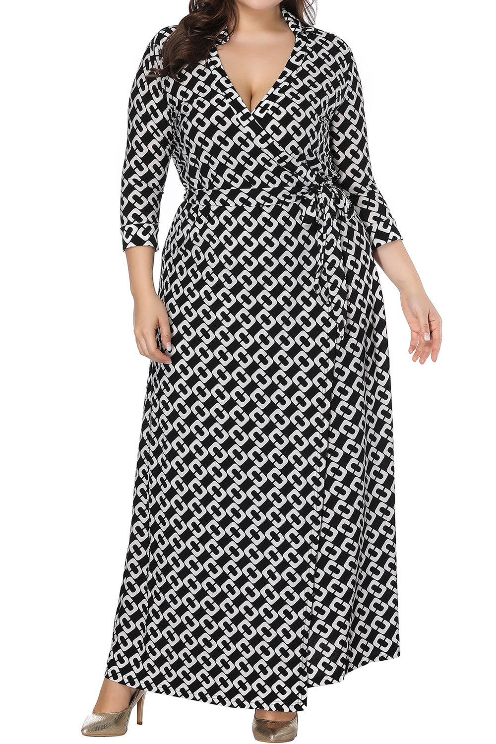 Women Plus Long Length Fashion Printed V-Neck Long Sleeve Splendid Dress