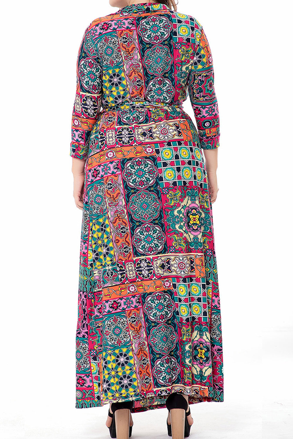 Women Plus Long Length Fashion Printed V-Neck Long Sleeve Splendid Dress
