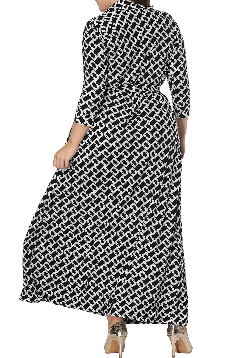 Women Plus Long Length Fashion Printed V-Neck Long Sleeve Splendid Dress