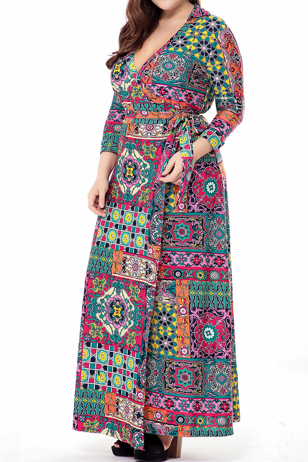 Women Plus Long Length Fashion Printed V-Neck Long Sleeve Splendid Dress