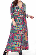 Women Plus Long Length Fashion Printed V-Neck Long Sleeve Splendid Dress