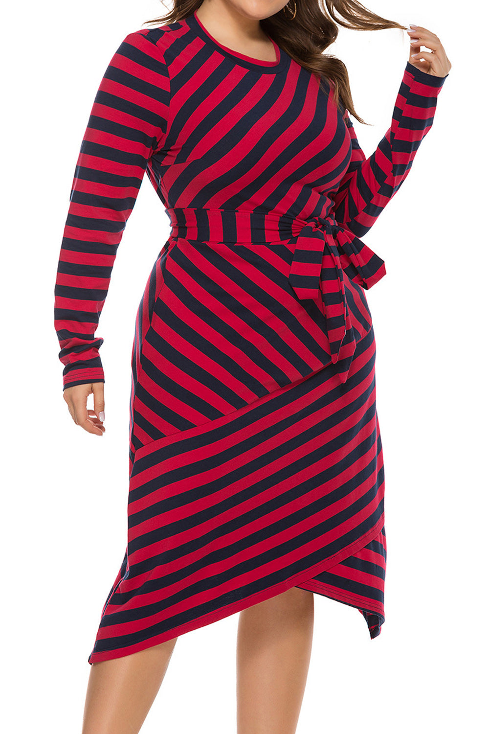 Women Plus Striped Printed Irregular Hem Long Sleeve Lightweight Beautiful Dress