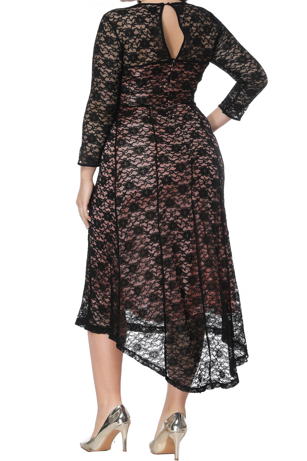Women Plus Mid Length Pretty Hollow Lace Long Sleeve Round Neck Cool Dress