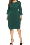 Women Plus Flared Long Sleeve Round Neck Solid Colored Elegant Summer Dress